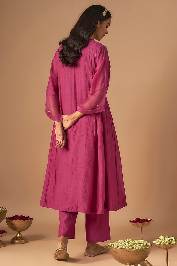 Pink Handwoven Chanderi Pitta Embroidered Kurta Set by Cupid Cotton at Pernia's Pop Up Shop
