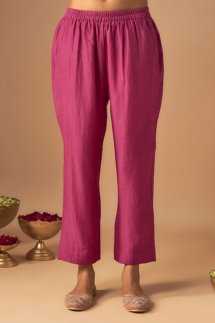 Pink Handwoven Chanderi Pitta Embroidered Kurta Set by Cupid Cotton at Pernia's Pop Up Shop