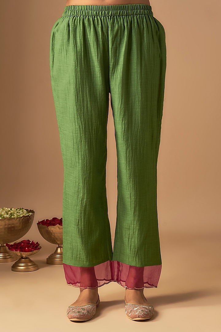 Green Chanderi Pitta Embroidered Kurta Set by Cupid Cotton at Pernia's Pop Up Shop