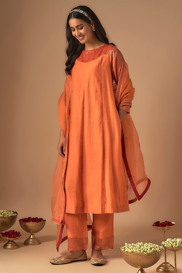 Orange Chanderi Pitta Embroidered Kurta Set by Cupid Cotton at Pernia's Pop Up Shop