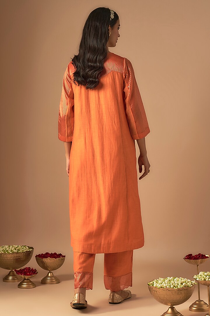 Orange Chanderi Pitta Embroidered Kurta Set by Cupid Cotton at Pernia's Pop Up Shop
