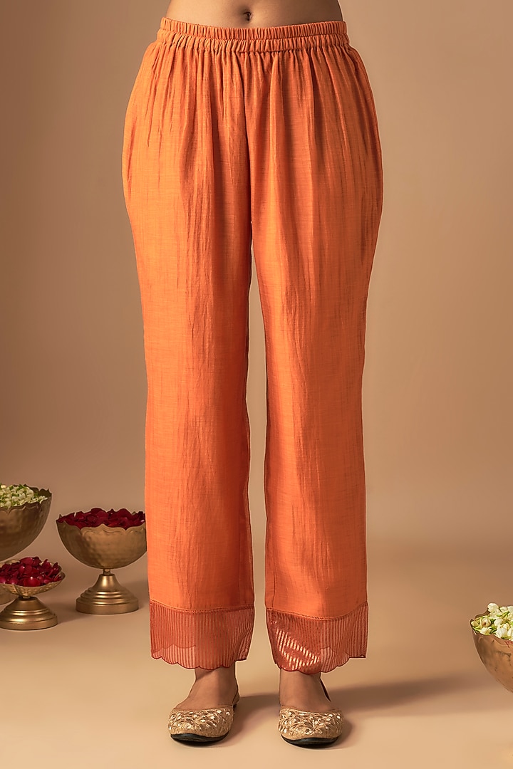 Orange Chanderi Pitta Embroidered Kurta Set by Cupid Cotton at Pernia's Pop Up Shop