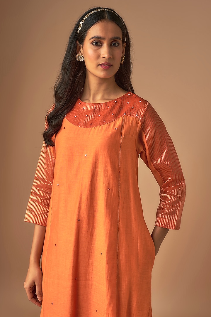 Orange Chanderi Pitta Embroidered Kurta Set by Cupid Cotton at Pernia's Pop Up Shop