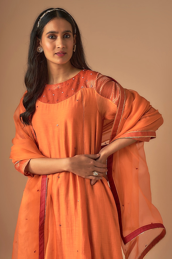 Orange Chanderi Pitta Embroidered Kurta Set by Cupid Cotton at Pernia's Pop Up Shop