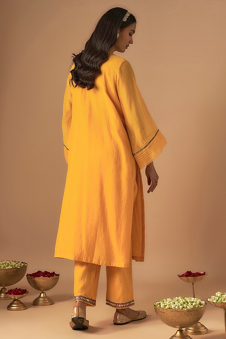 Yellow Handwoven Chanderi Pitta Embroidered Kurta Set by Cupid Cotton at Pernia's Pop Up Shop