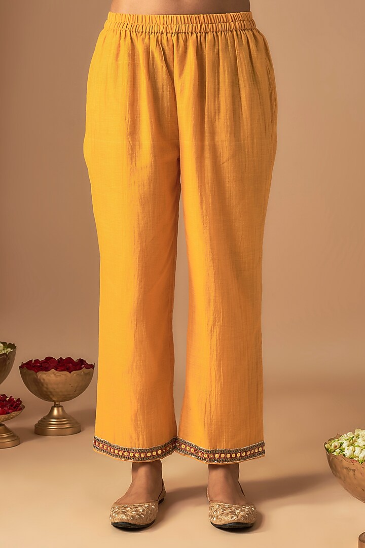 Yellow Handwoven Chanderi Pitta Embroidered Kurta Set by Cupid Cotton at Pernia's Pop Up Shop