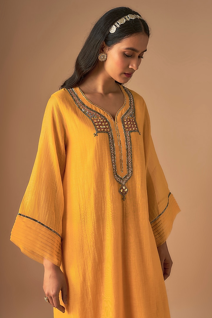 Yellow Handwoven Chanderi Pitta Embroidered Kurta Set by Cupid Cotton at Pernia's Pop Up Shop