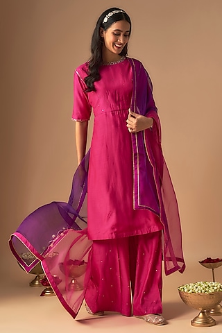 Pink Silk & Organza Zardosi Work Sharara Set by Cupid Cotton