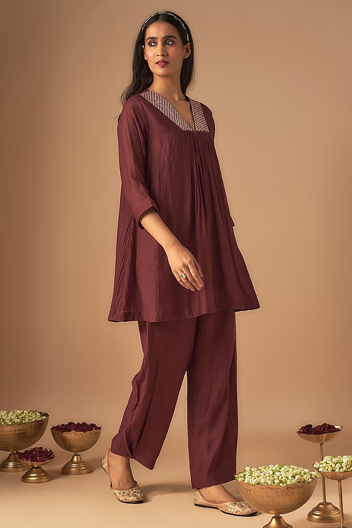 Maroon Chanderi Silk Sequins Embroidered Co-Ord Set by Cupid Cotton at Pernia's Pop Up Shop