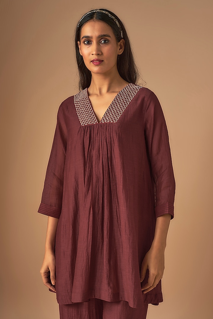 Maroon Chanderi Silk Sequins Embroidered Co-Ord Set by Cupid Cotton at Pernia's Pop Up Shop