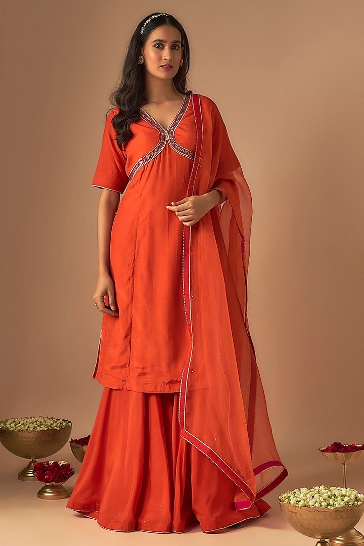 Orange Silk & Organza Pitta Embroidery Sharara Set by Cupid Cotton at Pernia's Pop Up Shop