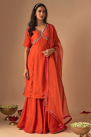 Orange Silk & Organza Pitta Embroidery Sharara Set by Cupid Cotton