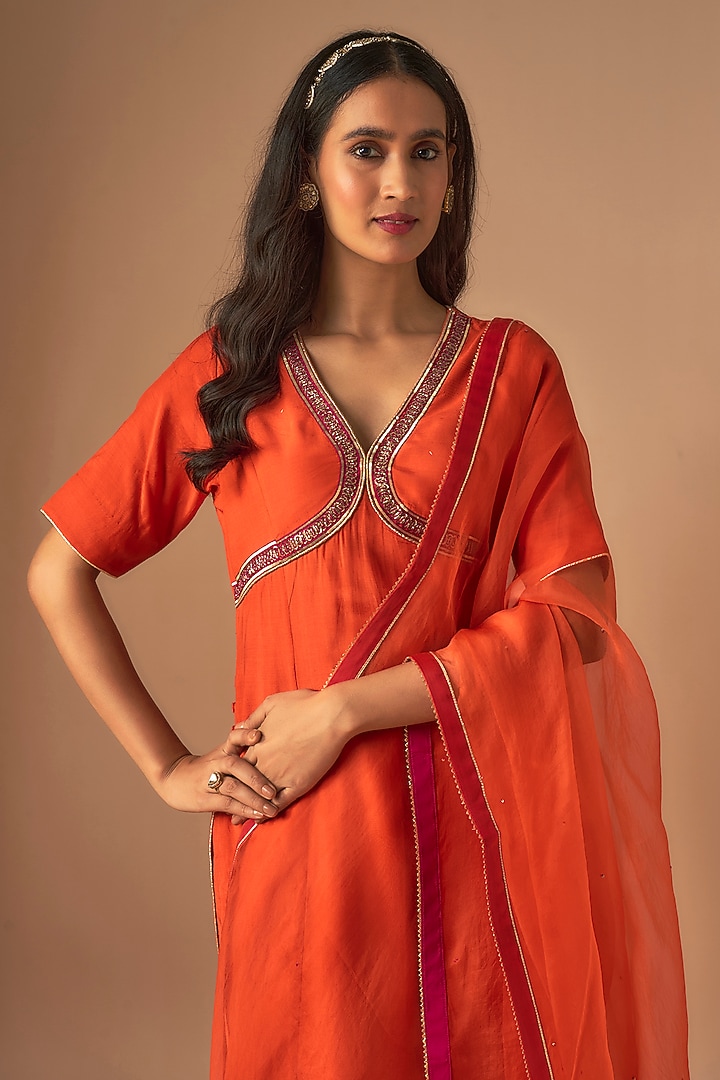 Orange Silk & Organza Pitta Embroidery Party Wear Sharara Set by Cupid Cotton at Pernia's Pop Up Shop