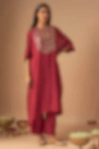 Red Chanderi Sequins Work Kurta Set by Cupid Cotton at Pernia's Pop Up Shop