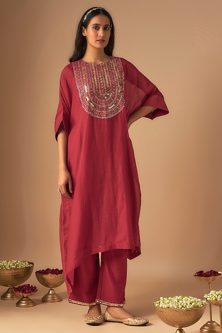 Red Chanderi Sequins Work Kurta Set by Cupid Cotton at Pernia's Pop Up Shop