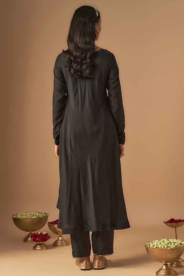 Black Silk & Organza Pitta Embroidered Kurta Set by Cupid Cotton at Pernia's Pop Up Shop