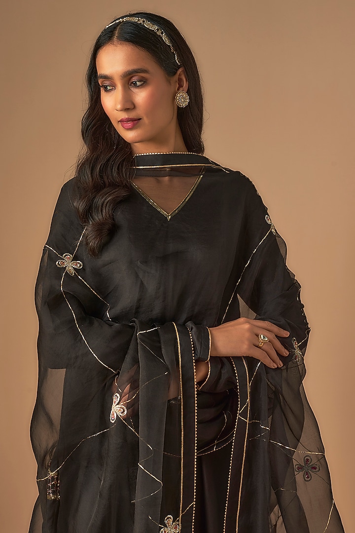 Black Silk & Organza Pitta Embroidered Kurta Set by Cupid Cotton at Pernia's Pop Up Shop