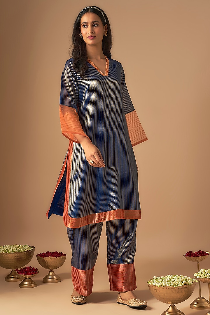 Blue Chanderi Sequins Work Zari Striped Kurta Set by Cupid Cotton at Pernia's Pop Up Shop