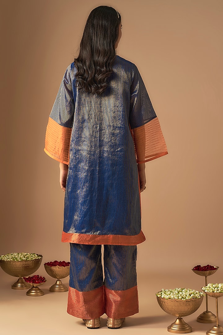 Blue Chanderi Sequins Work Zari Striped Kurta Set by Cupid Cotton at Pernia's Pop Up Shop