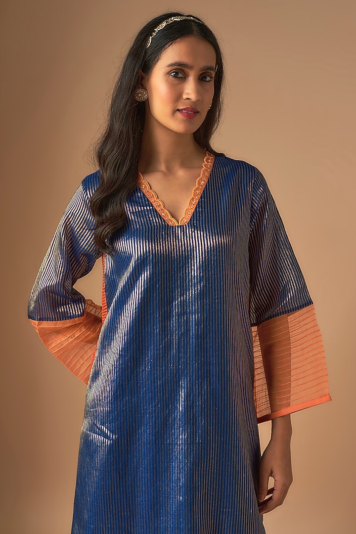 Blue Chanderi Sequins Work Zari Striped Kurta Set by Cupid Cotton at Pernia's Pop Up Shop