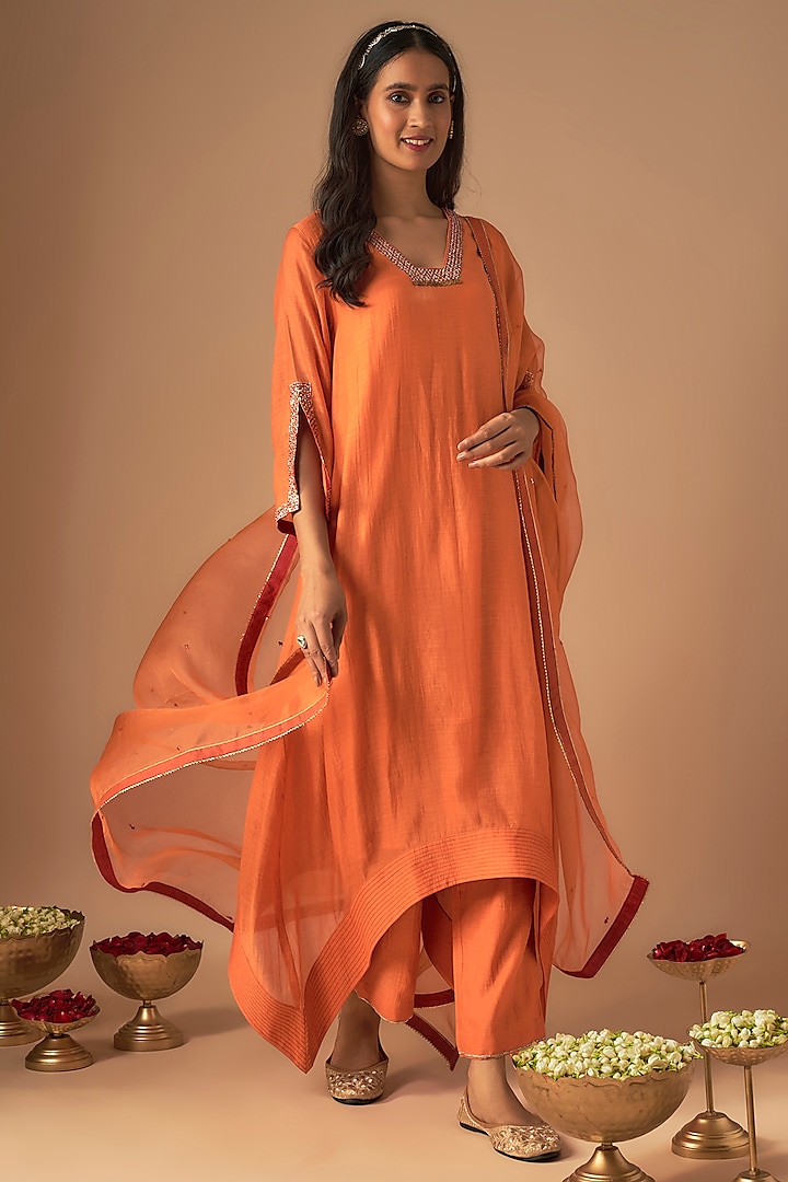 Orange Chanderi Silk Pitta Embroidered Kurta Set by Cupid Cotton at Pernia's Pop Up Shop