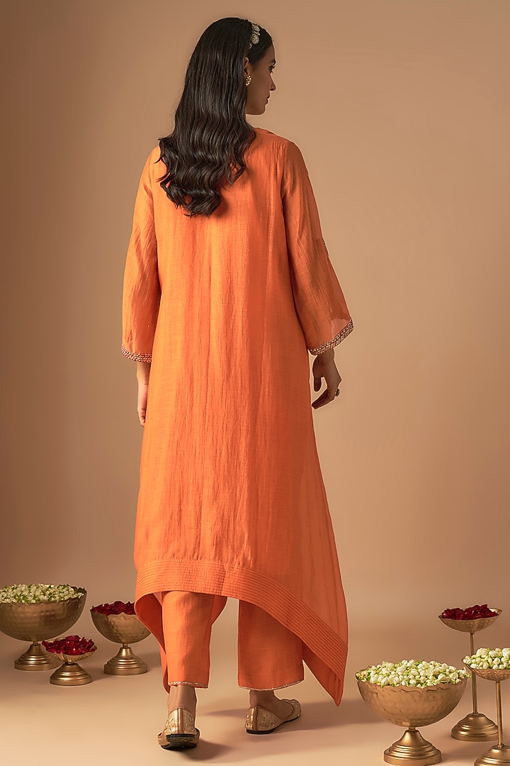 Orange Chanderi Silk Pitta Embroidered Kurta Set by Cupid Cotton at Pernia's Pop Up Shop