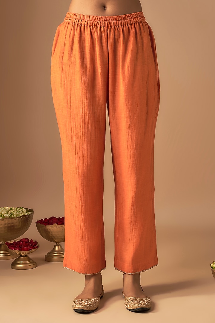 Orange Chanderi Silk Pitta Embroidered Kurta Set by Cupid Cotton at Pernia's Pop Up Shop