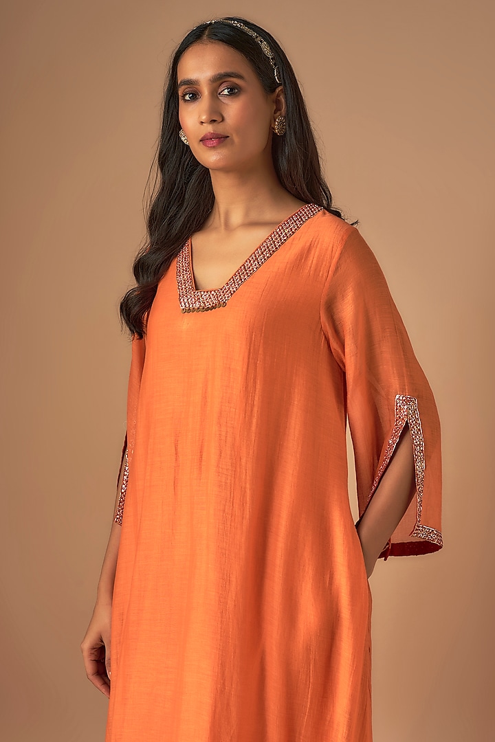 Orange Chanderi Silk Pitta Embroidered Kurta Set by Cupid Cotton at Pernia's Pop Up Shop