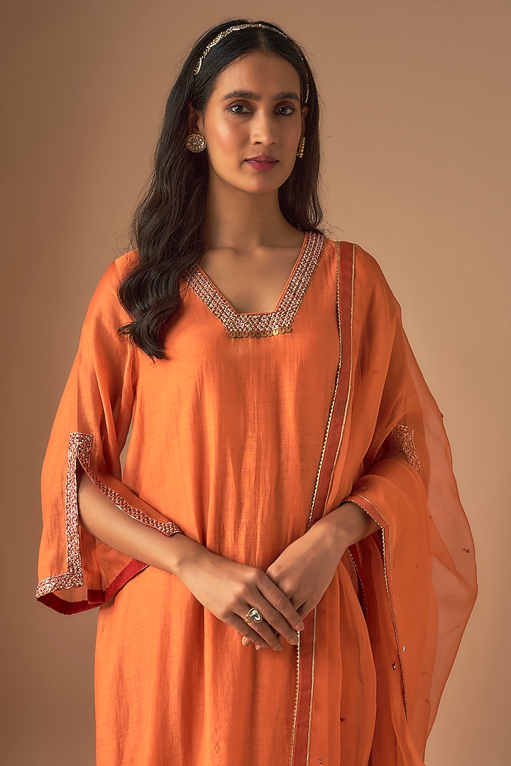 Orange Chanderi Silk Pitta Embroidered Kurta Set by Cupid Cotton at Pernia's Pop Up Shop