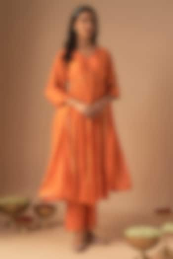 Orange Chanderi Silk Pitta Embroidered Kurta Set by Cupid Cotton at Pernia's Pop Up Shop