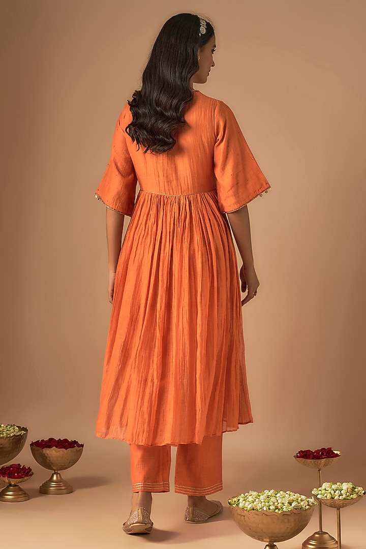 Orange Chanderi Silk Pitta Embroidered Kurta Set by Cupid Cotton at Pernia's Pop Up Shop