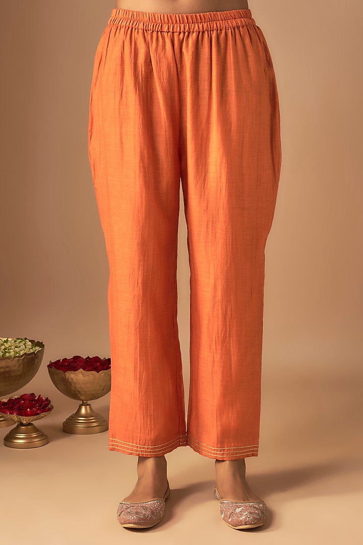 Orange Chanderi Silk Pitta Embroidered Kurta Set by Cupid Cotton at Pernia's Pop Up Shop