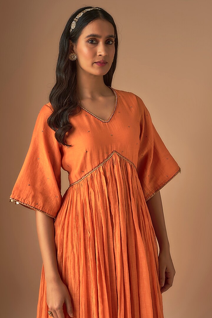 Orange Chanderi Silk Pitta Embroidered Kurta Set by Cupid Cotton at Pernia's Pop Up Shop