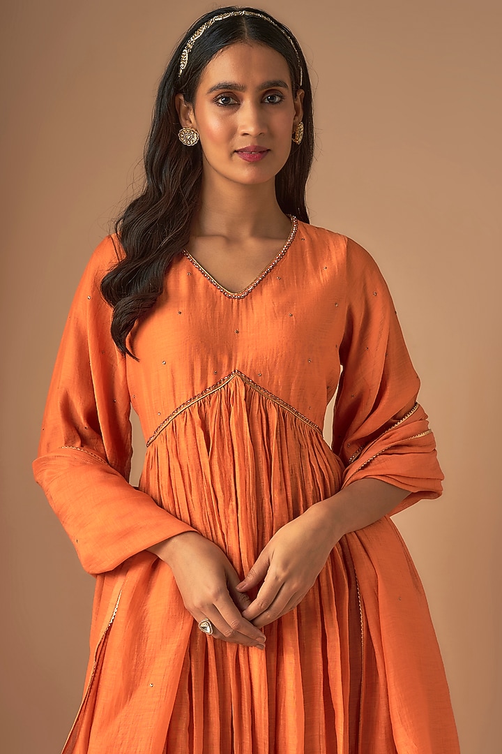 Orange Chanderi Silk Pitta Embroidered Kurta Set by Cupid Cotton at Pernia's Pop Up Shop