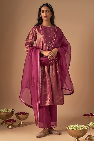 Magenta Chanderi Silk Pitta Embroidered Kurta Set by Cupid Cotton