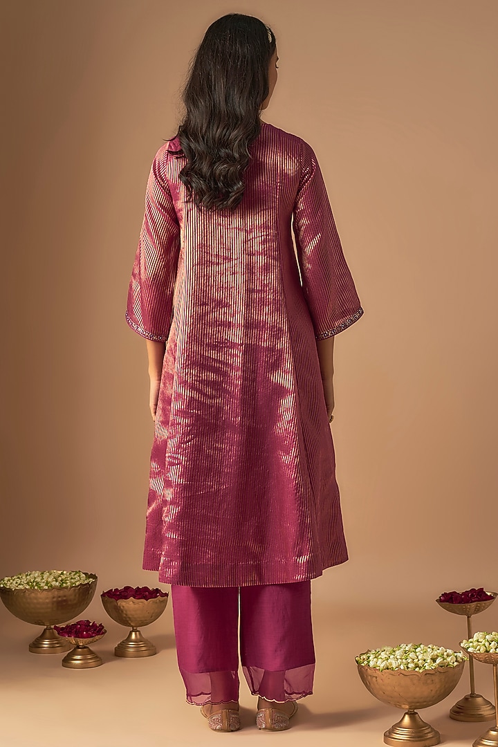 Magenta Chanderi Silk Pitta Embroidered Kurta Set by Cupid Cotton at Pernia's Pop Up Shop