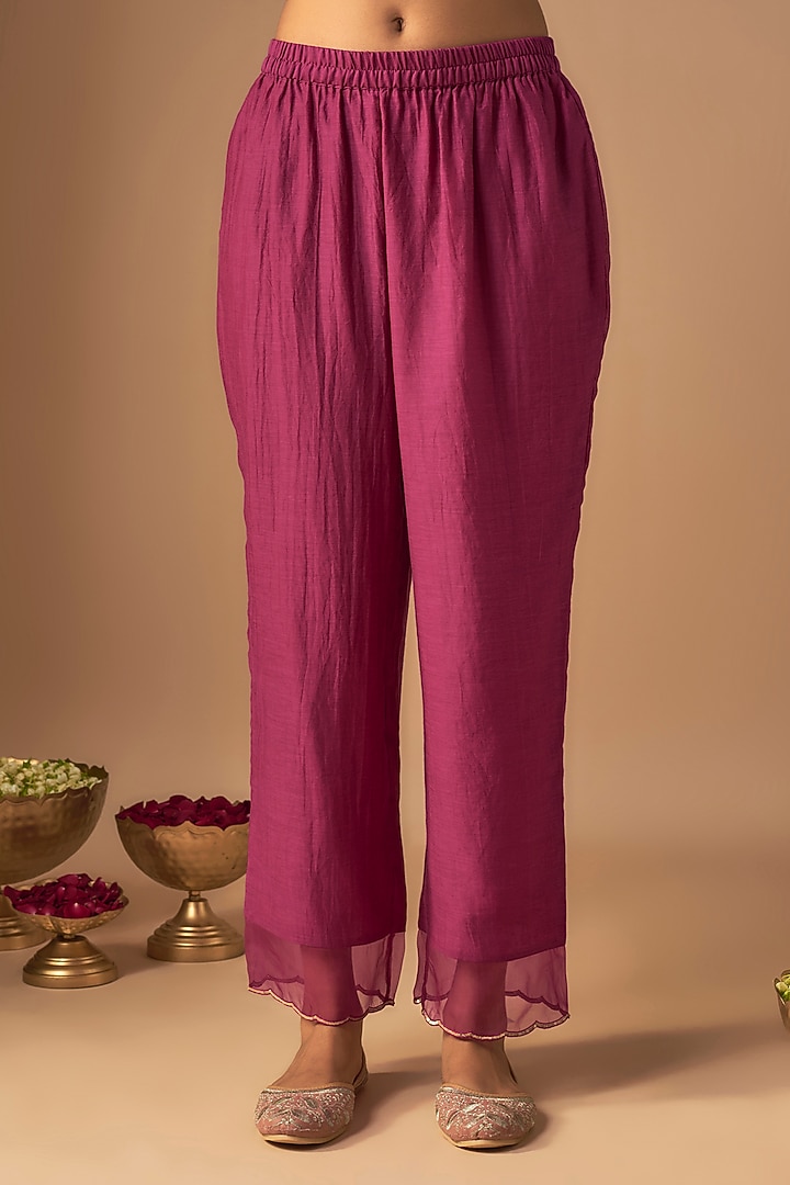 Magenta Chanderi Silk Pitta Embroidered Kurta Set by Cupid Cotton at Pernia's Pop Up Shop