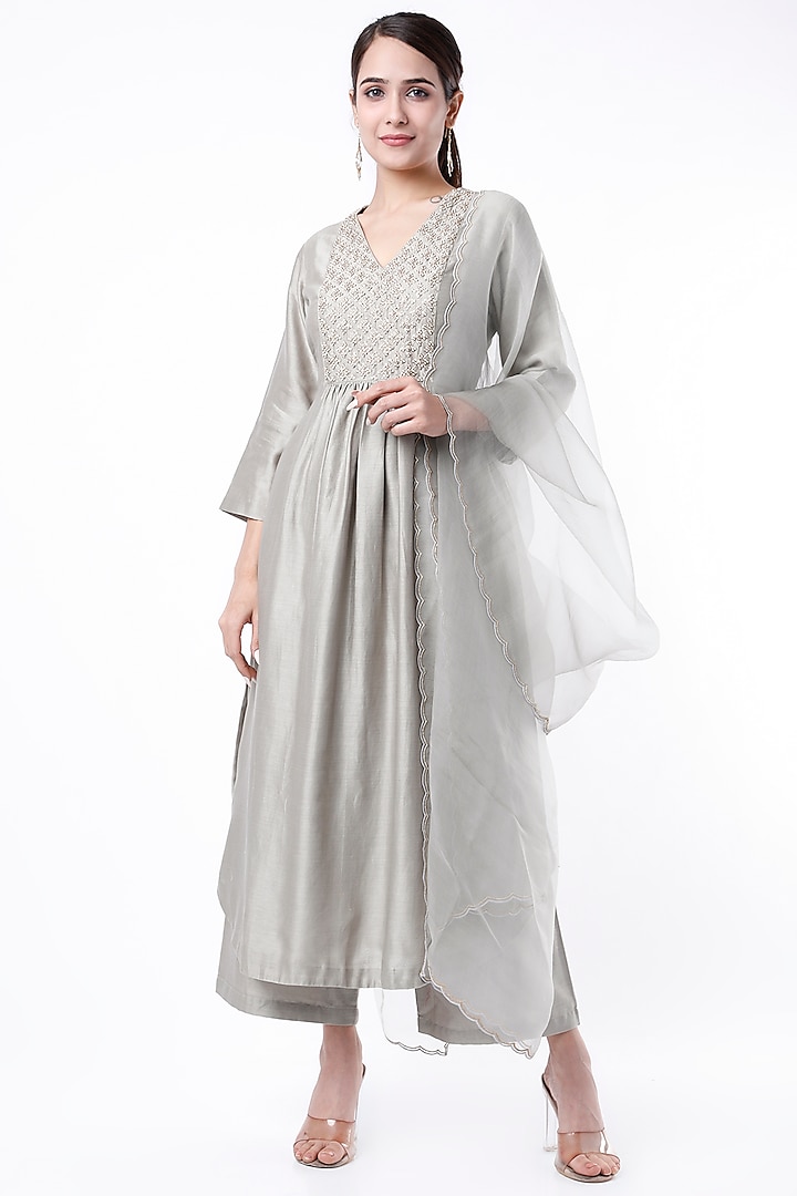 Grey Hand Embroidered Kurta Set by Cupid Cotton