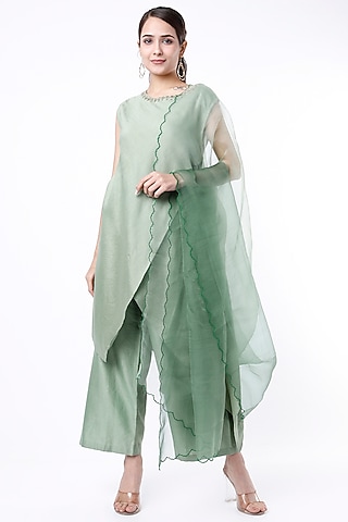 Leaf Mint Embroidered Asymmetrical Kurta Set by Cupid Cotton