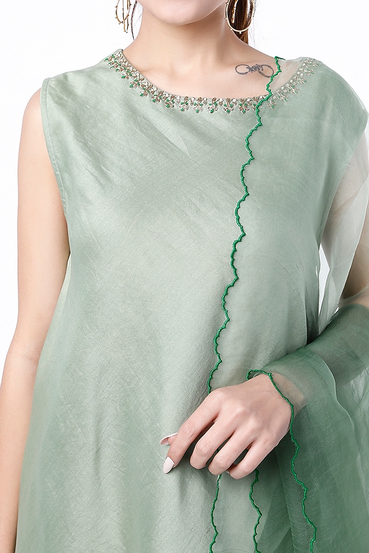 Leaf Mint Embroidered Asymmetrical Kurta Set by Cupid Cotton at Pernia's Pop Up Shop