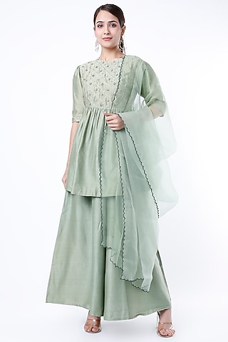 Mint Green Embroidered Short Peplum Kurta Set by Cupid Cotton