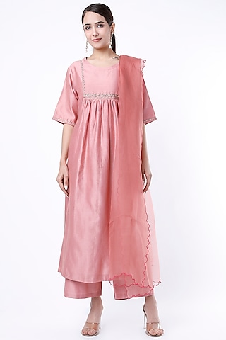 Old Rose Hand Embroidered Kalidar Kurta Set by Cupid Cotton
