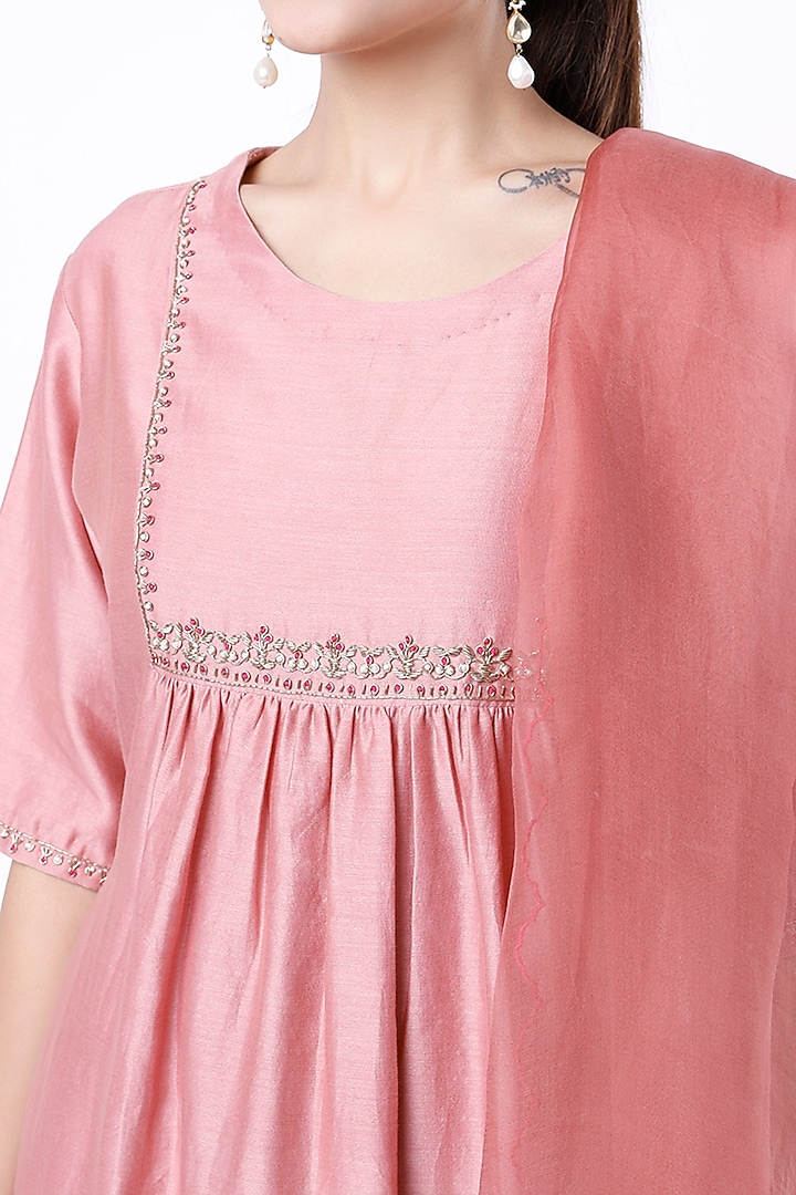 Old Rose Hand Embroidered Kalidar Kurta Set by Cupid Cotton at Pernia's Pop Up Shop
