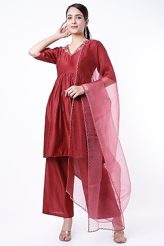 Mulled Wine Embroidered Kurta Set by Cupid Cotton