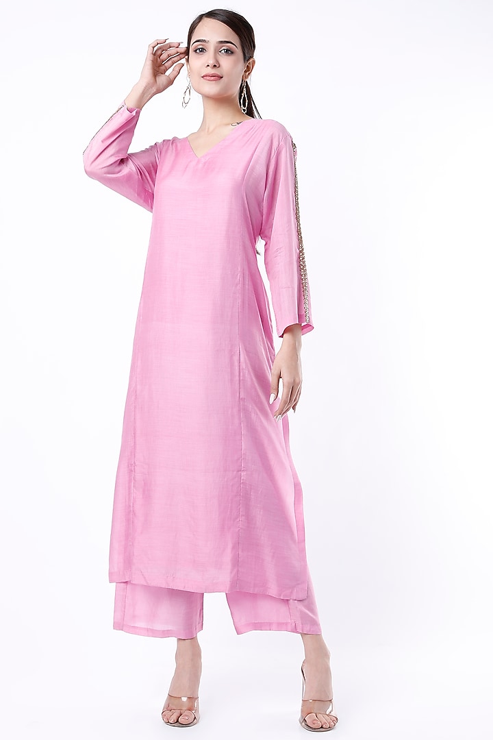 Pink Embroidered Kurta Set by Cupid Cotton