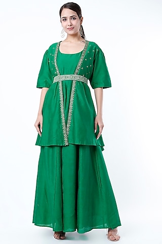 Green Embroidered Anarkali With Jacket by Cupid Cotton