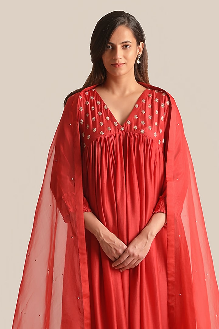 Red Silk Cotton Embroidered Flared Kurta Set by Cupid Cotton at Pernia's Pop Up Shop