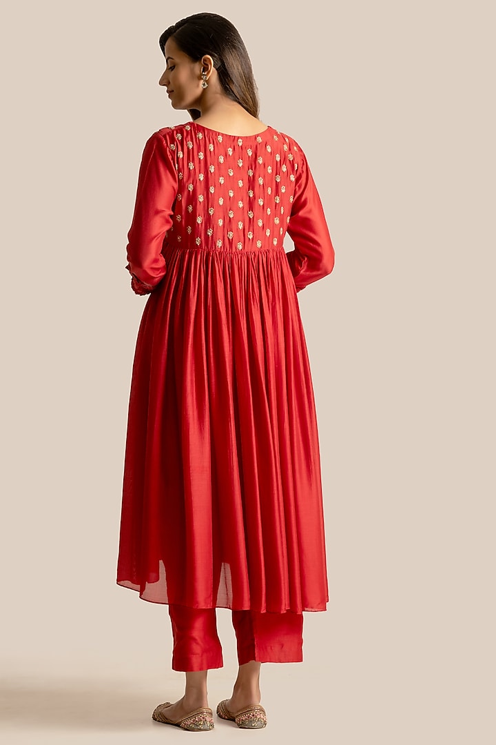 Red Silk Cotton Embroidered Flared Kurta Set by Cupid Cotton at Pernia's Pop Up Shop