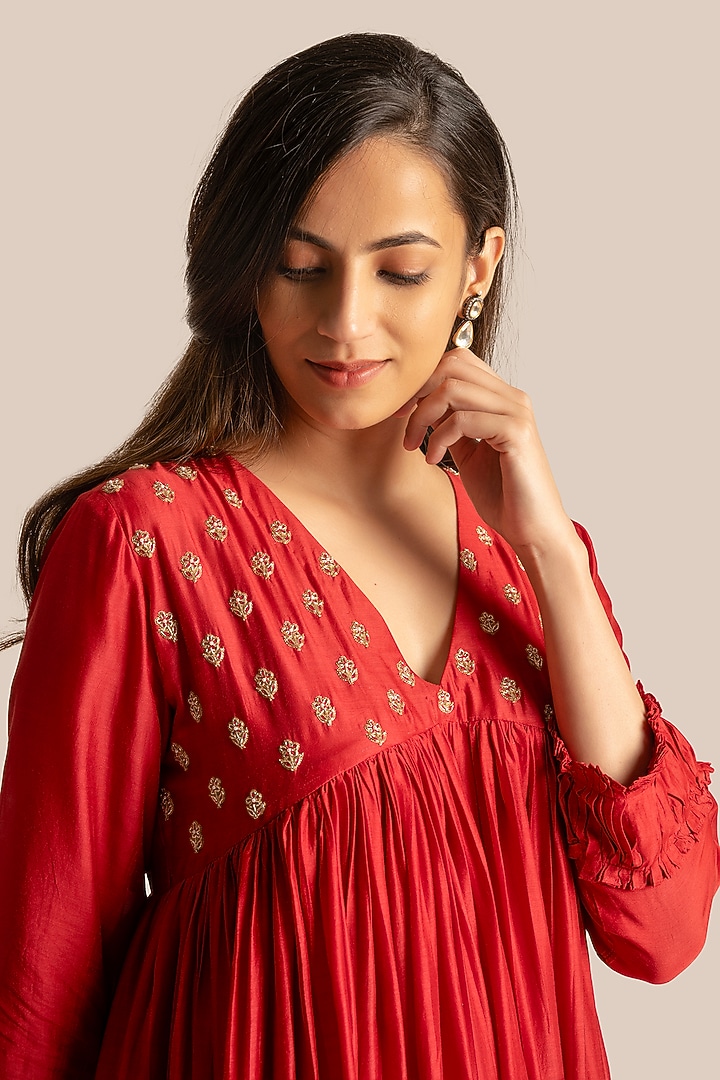 Red Silk Cotton Embroidered Flared Kurta Set by Cupid Cotton at Pernia's Pop Up Shop