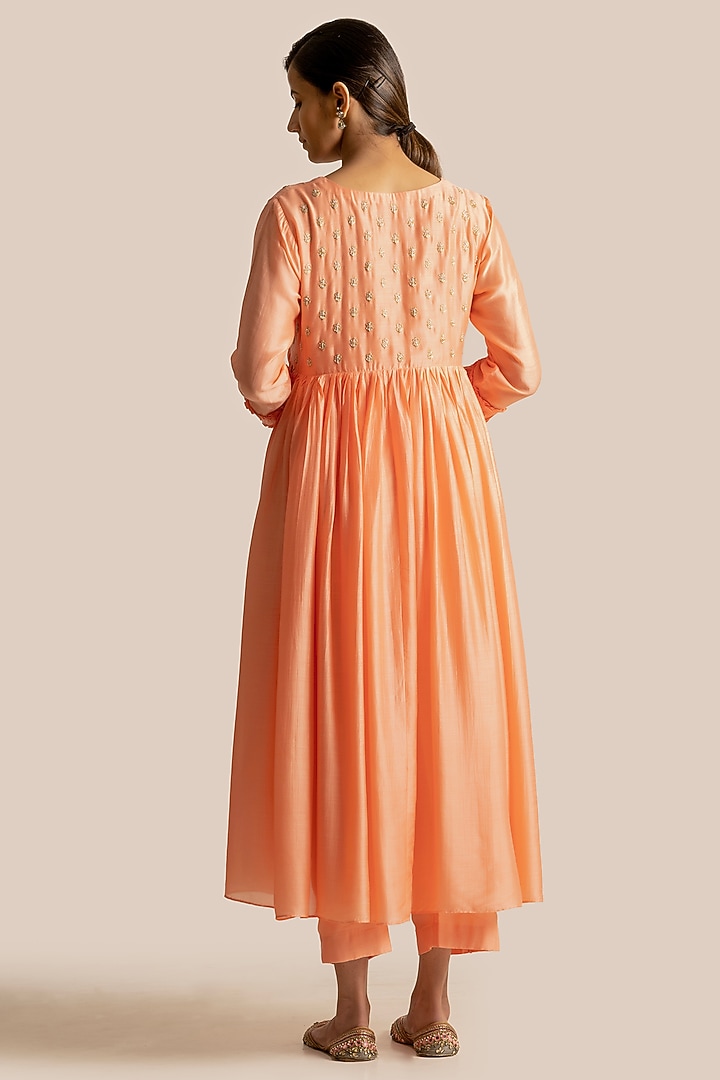 Orange Silk Cotton Embroidered Flared Kurta Set by Cupid Cotton at Pernia's Pop Up Shop